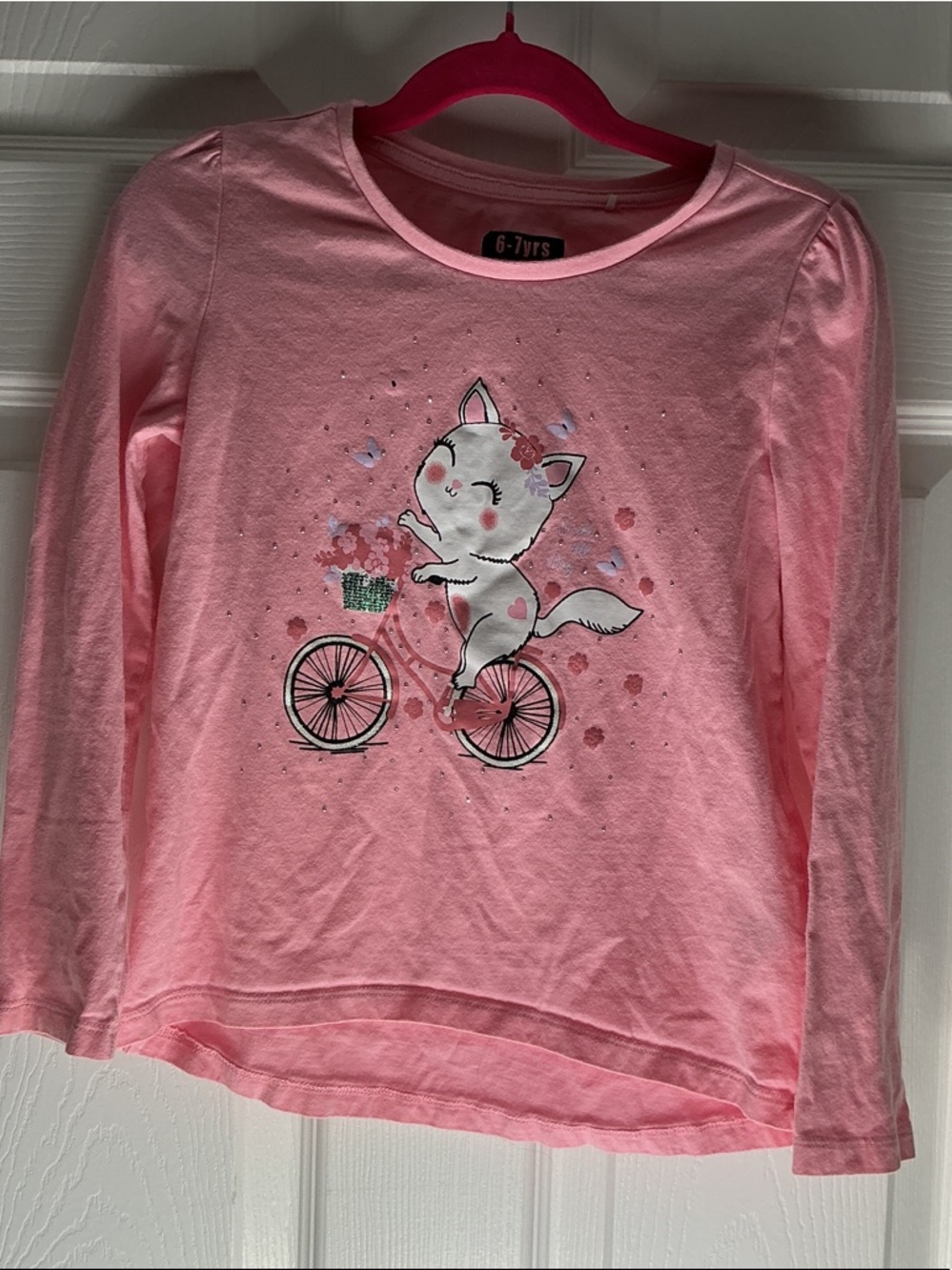 Girls' Pink Long-Sleeve Graphic Tee with Kitty on Bicycle